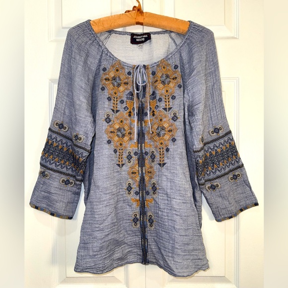 Johnny Was Tops - Johnny Was Workshop Amika Embroidered Peasant Top Blue Boho Size Small
